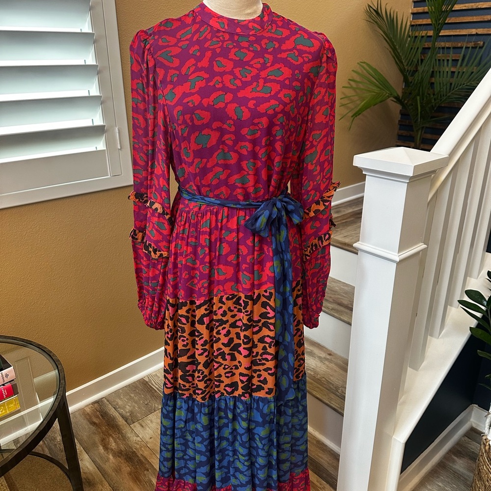 FARM Rio Red and Orange Tiered Tie Front Dress